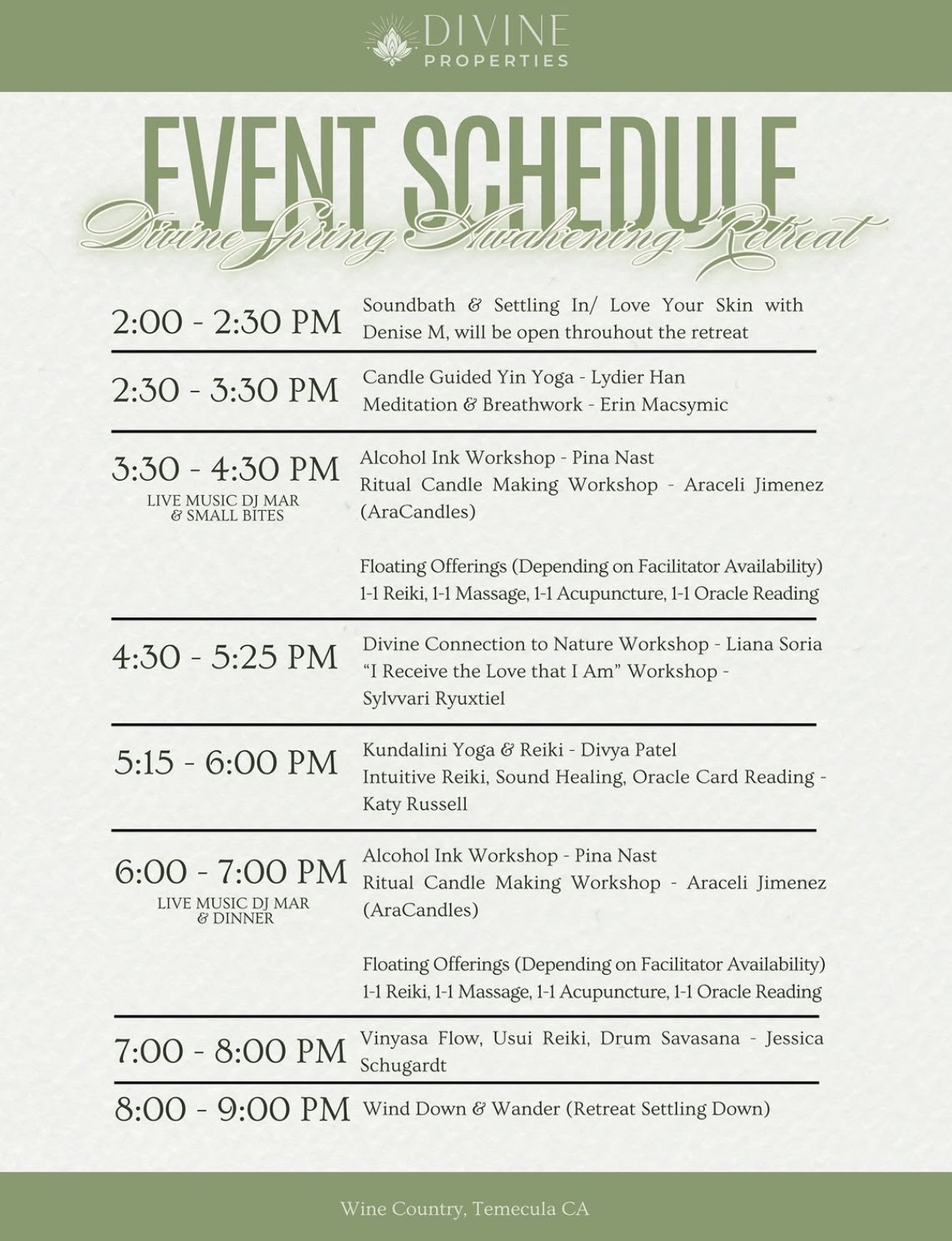 Divine Spring Awakening Retreat event schedule
