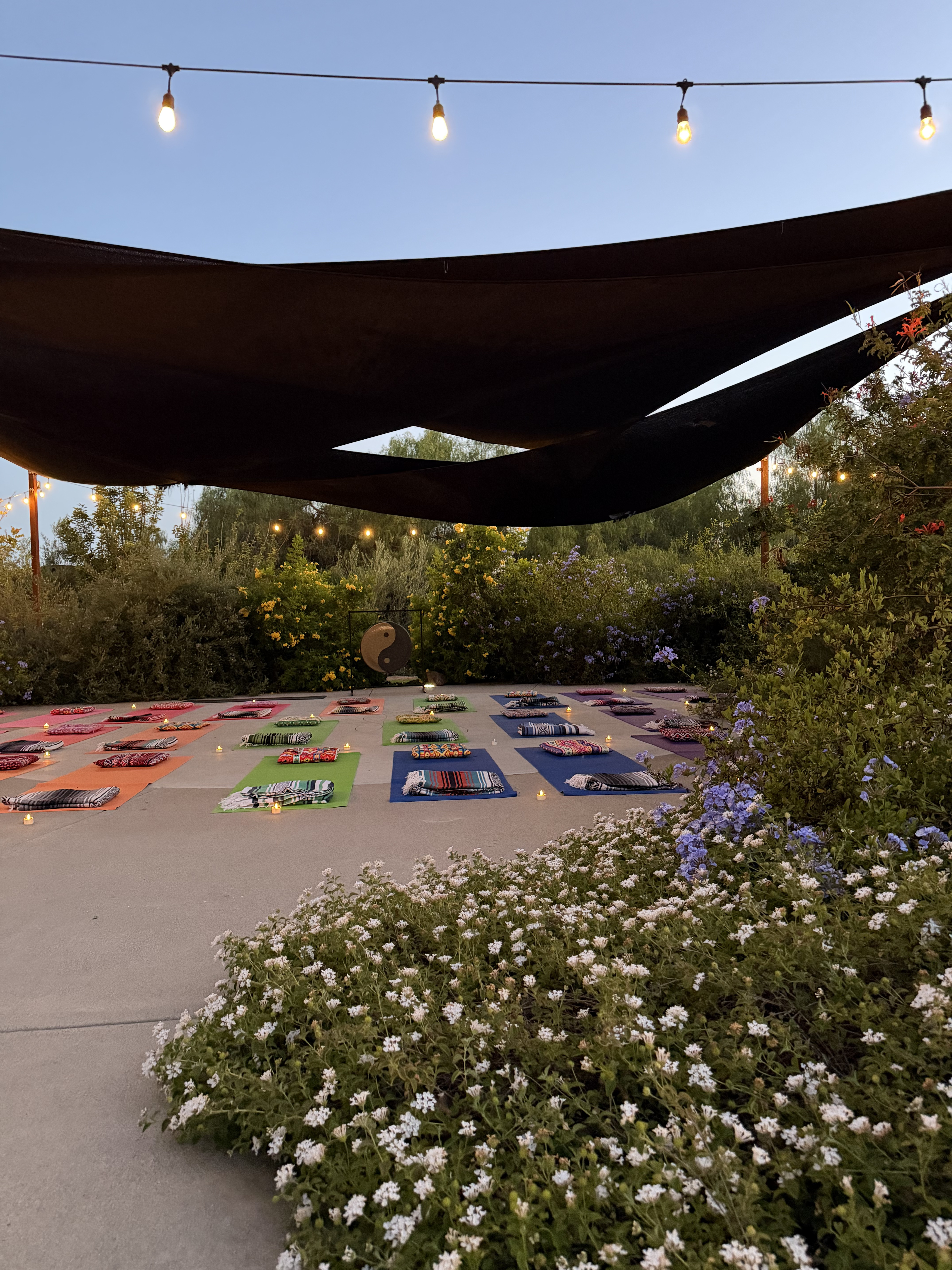 Outdoor sanctuary at dusk with string lights